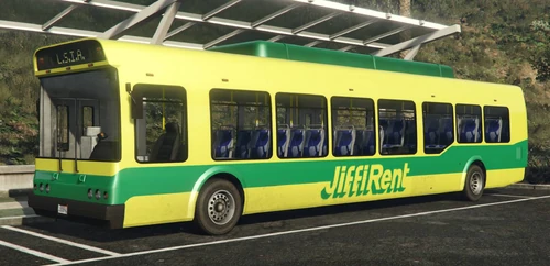 Der Flughafen-Bus (JiffiRent) in der Front- und Seitenansicht