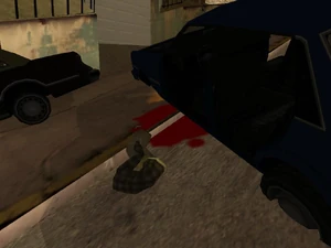 Links „hängt“ ein Passant im Boden und am Auto