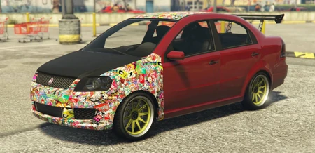 Modifizierter Asea mit Stickern, Front- und Seitenansicht