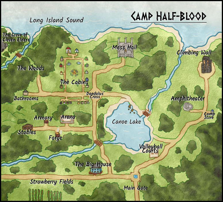 Map of Camp Halfblood- Redrawn for a personal copy by demigod