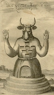 An 18th-century German illustration of Moloch ("Der Götze Moloch" i.e. Moloch, the false god).