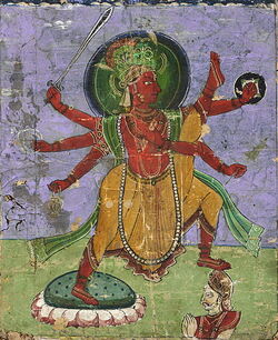Avatara Vamana splashes Bali’s head, and sends him to the Patala