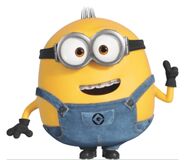 Short, round, and fat minion with little sprouts of hair and braces.