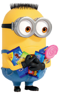 Medium sized minion with a lot of buzz-cut hair.