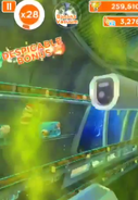 The player's Minion has ran through the effects of another Minion using the Fart Gun in the Anti-Villain League in Minion Rush. Notice the green gas covering the screen.