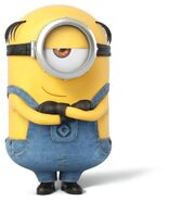 One eyed short minion with half-bald thick combed hair.