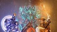 The resurrected Crota prepares to do battle with 3 Guardians.