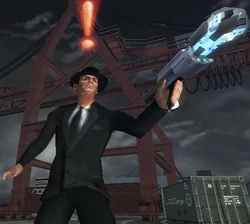 A Majestic agent wielding an enhanced weapon in Destroy All Humans!