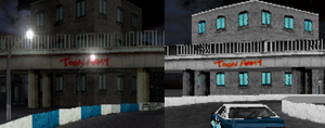 Comparison between PlayStation (left) and MS-DOS (right) of the "Toon Army" graffiti bridge in 