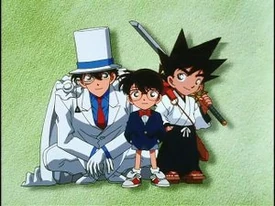 Image tirée du premier OAV Détective Conan, qui rassemble les héros des trois univers principaux d'Aoyama.