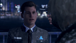 Hank pulls a gun on Connor, the bridge