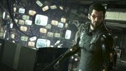 Adam Jensen in front of a monitor installation in Golem City's Ridit Station