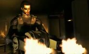 Adam Jensen firing a turret he picked up