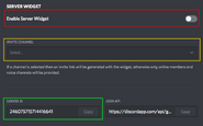 In the Widget section, you will see the option to enable the server widget (in red), the Invite Channel option (in yellow) and your server ID (in green)