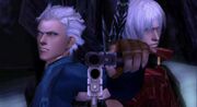 Dante and Vergil fighting side by side in order to finish off Arkham.
