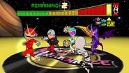 A screenshot from Red Hot Rumble featuring Joe, Dante, Silvia and Alastor