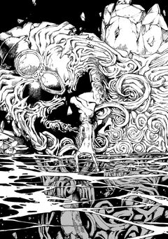 V standing in front of the giant, cracked head of Mundus while inside of Nightmare's illusion world