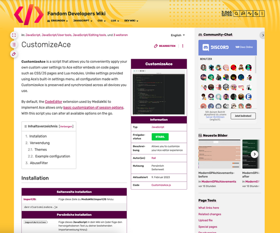 Dokumentationsseite für das Skript „CustomizeAce“ abrufbar unter dev.fandom
