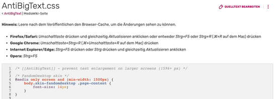 Obere Überschrift und einige erste Codezeilen für „MediaWiki:AntiBigText