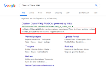Der Inhalt von MediaWiki:Description erscheint in den Suchergebnissen von Suchmaschinen.