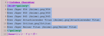 Um mehrere Bilder zu einer Infobox hinzuzufügen, suche den Parameter „image1“ in der Infobox und füge den Tag „gallery“ zusammen mit den Namen der Dateien hinzu.