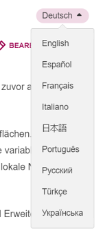 Auflistung der verfügbaren Sprachen am oberen Ende der Seite, oberhalb des „Beabeiten“-Knopfes