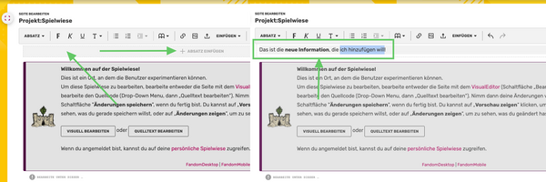 2. Wie kann ich einen Beitrag zum Editor hinzufügen? Markiere oder setze den Cursor an die Stelle, an der du mit dem Beitrag beginnen möchtest, da du dich jetzt im Bearbeitungsmodus befindest. In diesem Beispiel von unserer Testseite klickst du auf „Absatz einfügen“, um neuen Text vor dem ersten Feld hinzuzufügen.