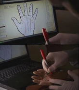 Louis Greene draws on the prosthetic hand and mails it to Dexter