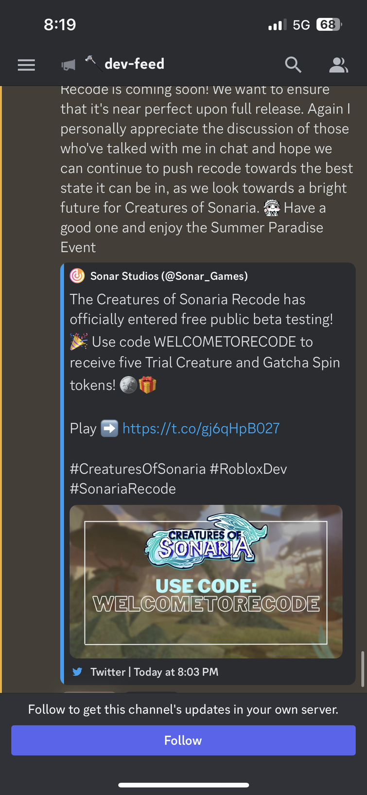 Sonar Studios on X: Every Friday, we will publish updates about the Sonaria  recode in our Discord. If you wish to receive news about features and  mechanics in the recode, be sure