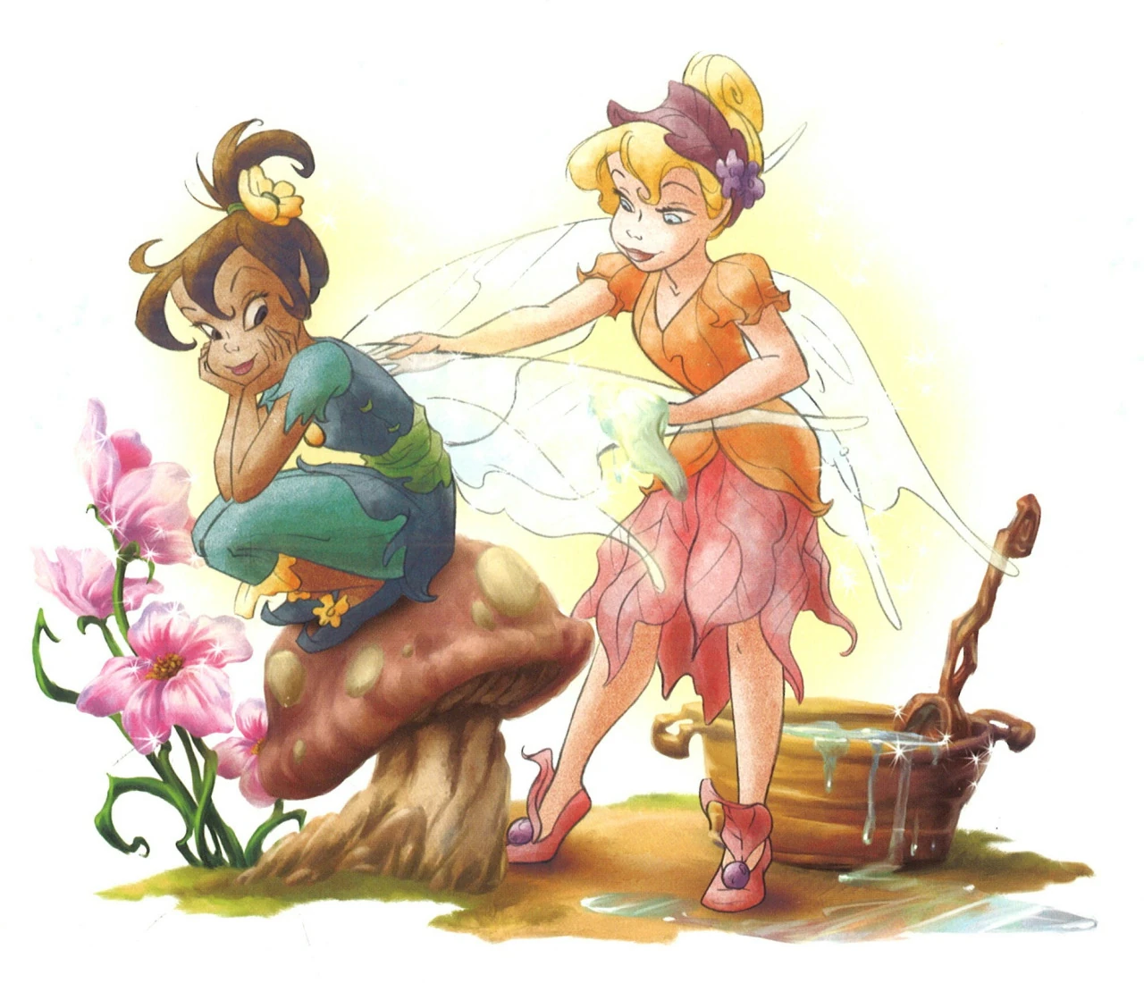 One fairy washes another fairy's wings. The fairy sitting on the mushroom getting her wings washed looks back contentedly. 