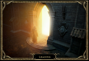 Diablo II: Resurrected's loading screen; the keep's door is flanked by what supposedly is the crest of the Sisterhood.