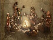 rendering of necromancer and female monk, sorceress and male wizard, Diablo II barbarian and female witch doctor, paladin and female barbarian, and amazon, raising mugs around a campfire