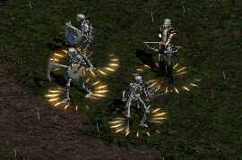 a bow-wielding necromancer and raised skeletons, all with Thorns aura
