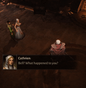 Bellon stabs at Edelard, but he drags Cathrien in the way of the blade