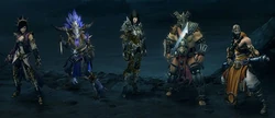 The five character classes of Diablo III: Wizard, Witch Doctor, Demon Hunter, Barbarian, and Monk.