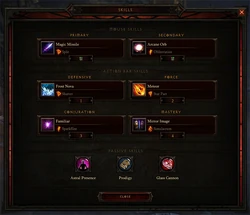 Diablo III'"`UNIQ--nowiki-00000003-QINU`"''s skills window depicting the abilities of the wizard class.