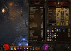 Diablo III'"`UNIQ--nowiki-00000000-QINU`"''s inventory and HUD retain a feel similar to that found in earlier games in the series, including a viewpoint reminiscent of the isometric view of Diablo III'"`UNIQ--nowiki-00000001-QINU`"''s predecessors. The inventory has sixty slots for items. Armor and weaponry each occupy two slots and all other items each occupy one slot. It can also be expanded to include details about the character's attributes.