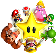 The Mario Party cast surrounding a Star