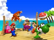 Yoshi and others playing volleyball with a red shell