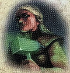 Irils Hammer und eintätowierte Runen leuchten in einem alten Turm im  unter dem Mondlicht grünlich auf