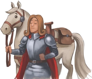 Junior-Thorald in glänzender Rüstung vor seinem edlen Pferd