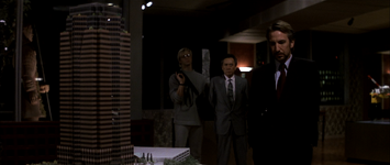 A scale model of the Nakatomi Plaza in the boardroom, which is pointed out by Hans Gruber.