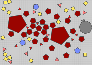 This is a representation of a pentagon nest transformed into a dark red polygon nest. There are 2 alpha maroon pentagons, some red runners scattered throughout the nest. There is also a Bomb.
