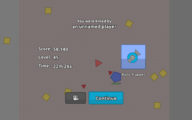 Example of a death screen showing the killer, score, level, time alive, and the tank class played. One can then choose to spectate or return menu.