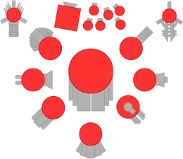 Left to right, first row: Advanced Gatling Turret, Factory and its minions, Laser. Second row: Spread Shot, Red Team Leader, Streamliner. Third row: Gunner Trapper, Sprayer. Fourth row: Triplet, Penta Shot, Auto Gunner.