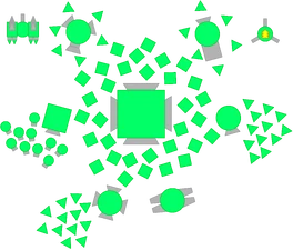 Left to right, first row: Advanced Missile Launcher, Overtrapper and its Drones, Hybrid and its Drones, Turbo Booster. Second row: Factory and its Minions, Green Team Leader and its Drones, Manager and its Drones. Third row: Overlord and its Drones, Battleship. Note the extra Drones from Green Team Leader's passive ability.