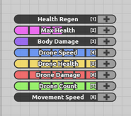 An example of stats of a Level 45 Necromancer. Note how stats related to bullets have been changed to instead benefit Drones.