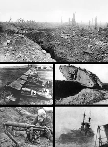 Clockwise from top: Trenches on the Western Front; a British Mark IV Tank crossing a trench; Royal Navy battleship HMS Irresistible sinking after striking a mine at the Battle of the Dardanelles; a Vickers machine gun crew with gas masks, and German Albatros D