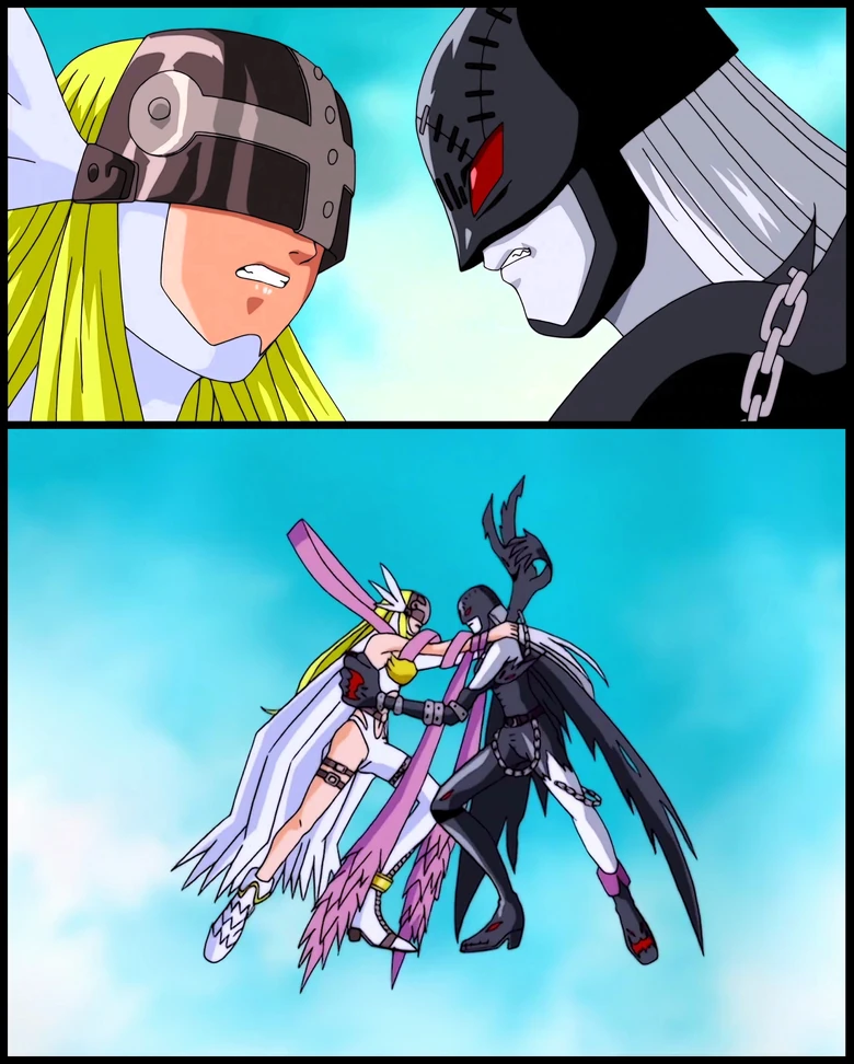 Angewomon and LadyDevimon wrestle