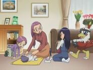 Miyako con sus hijos y Hawkmon en el Epilogo de Digimon Adventure